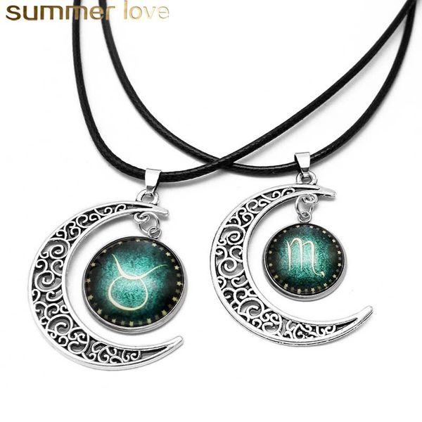 

new 12 constellations with retro moon pendant charm necklace for men women 18mm stainless steel leather jewelry birthday gift, Silver