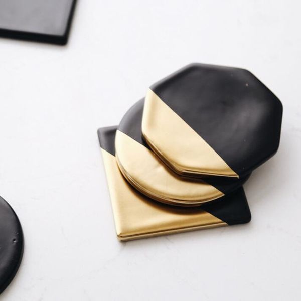 

cfen a's marble grain black gold plating ceramic coasters cup pad mat table bowl placemat coffee cup drink coasters 1pc