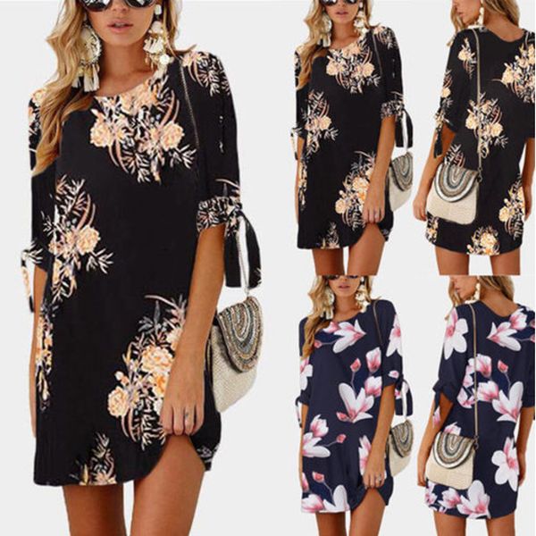 

2018 цветочные печати шифон платье boho стиль короткие мини платья повседневные o шеи прямые платье из сарафан женщины женщины половину рука, Black;gray