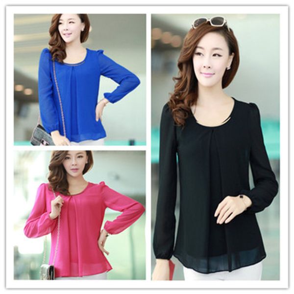 

women chiffon blouse shirts summer o neck puff long sleeve pleated metal strips casual plus size s- 4xl fashion, White