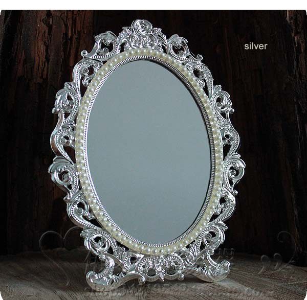 

retro deskmakeup cosmetic mirror floral embossed jewelry pearl-inlayed metal frame table decoration silver bronze 337b