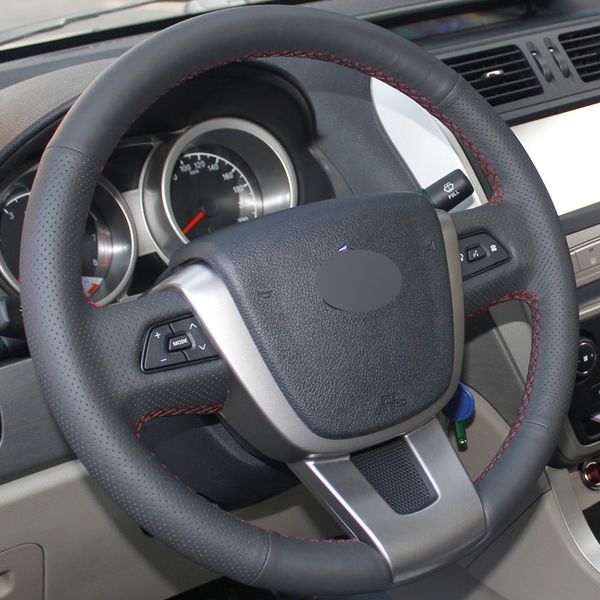 

black leather hand-stitched car steering wheel cover for geely gx7