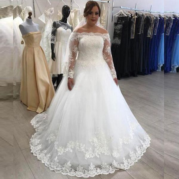 

plus size lace tulle wedding dresses a-line off the shoulder sheer long sleeves custom made bridal gowns 2019 sweep train, White