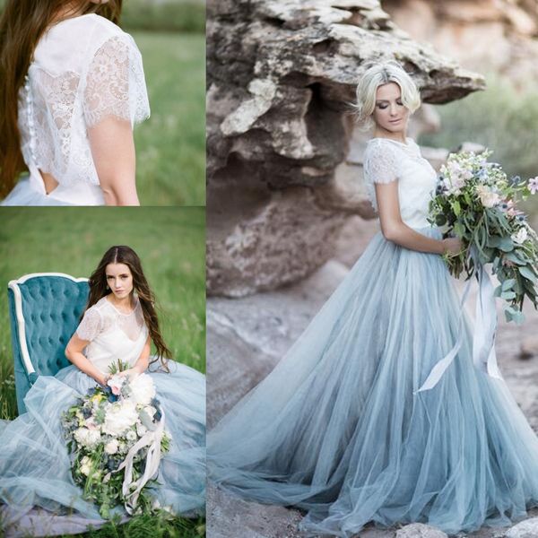

vintage romantic ice blue country style lace wedding dresses tulle short sleeves jewel neck floor length wedding dress bridal gowns, White