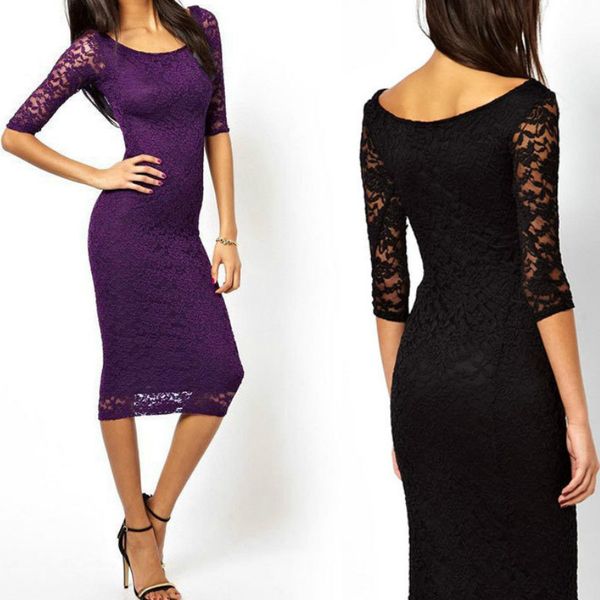 

fashion women lace party dress three quarter elegant midi bodycon dresses spring femal vestidos mujer plus size 2xl, White;black