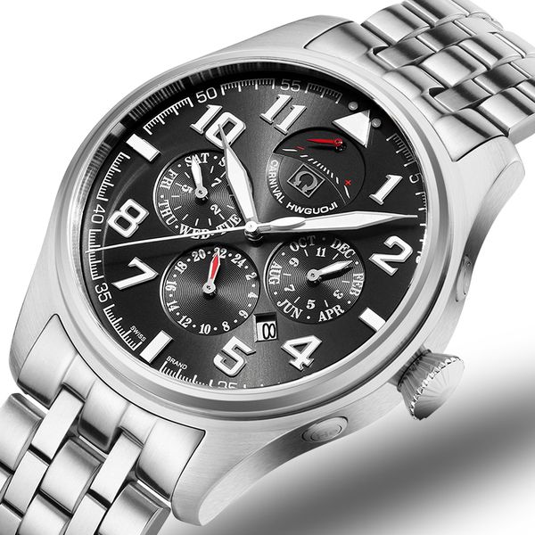 

carnival men watches japan miyota automatic mechanical man watch he gas 150m waterproof multifunction clock c8675-4, Slivery;brown