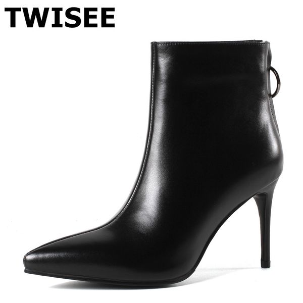 

women mid calf boots pumps selling sapatos femininos autumn point toe thin high heels 8.5 cm zip woman casual shoes, Black