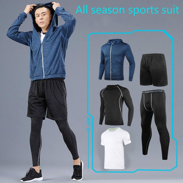 

2018 quick dry men's running sets 4/5/6pcs/sets compression sport suits gym fitness jogging sportswear tights clothes all season, Black;blue