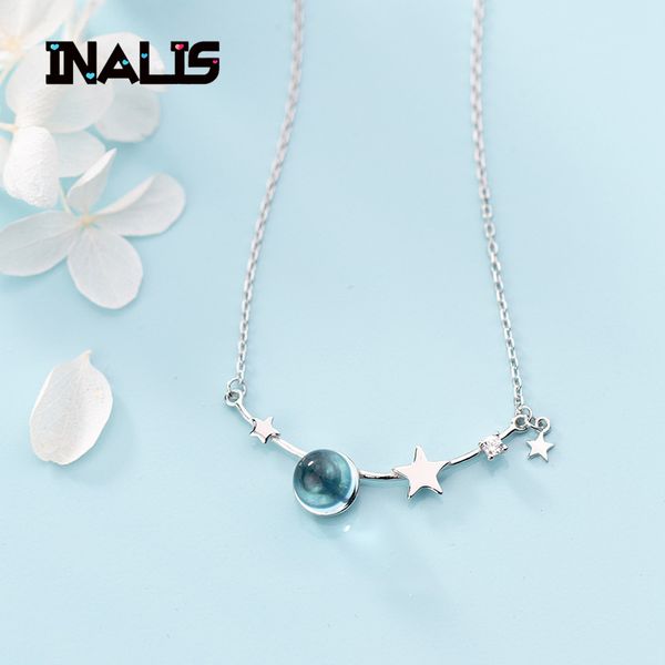 

inalis new elelgant link chain necklace s925 sterling silver star shape with single light blue crystal pendant for women jewelry