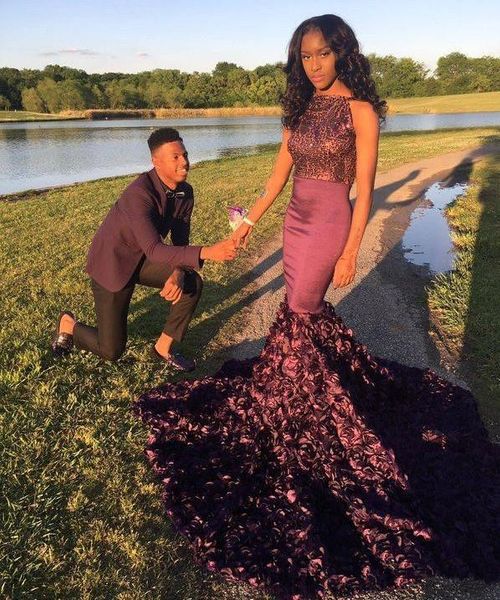 

luxury vintage burgundy trumpet prom dresses jewel neck sequined mermaid handmade flower long sweep train party african evening gowns, Black