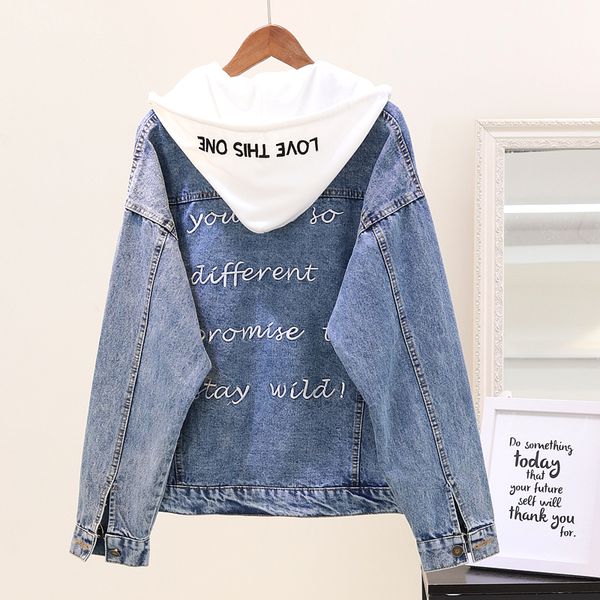 

2018 new autumn women's back letter embroidered with cap loose denim jacket female long sleeved jeans coat student cowboy coat, Black;brown