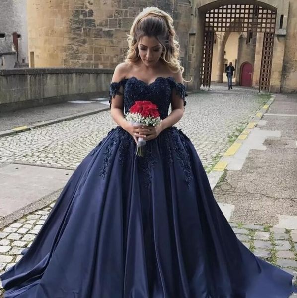 

dark navy off the shoulder prom dresses lace applique beaded ball gown sweet 16 quinceanera dresses 2018 pageant gowns, Black