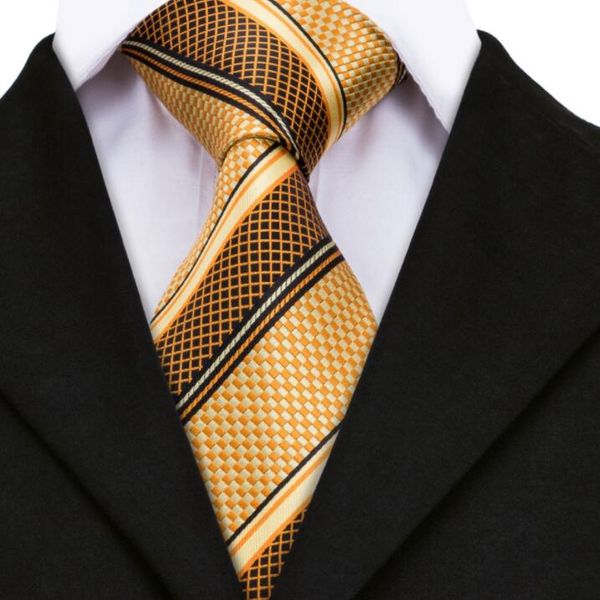 

luxury ties for mens yellow gold striped silk jacquard necktie hanky cufflinks set business wedding ties for men, Black;blue
