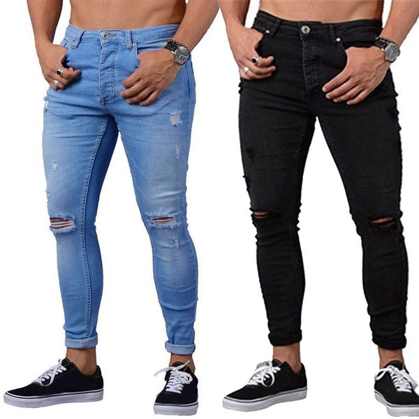 

new fashion casual jeans mens skinny stretch denim pants distressed ripped freyed slim fit jeans trousers for male streetwear, Blue