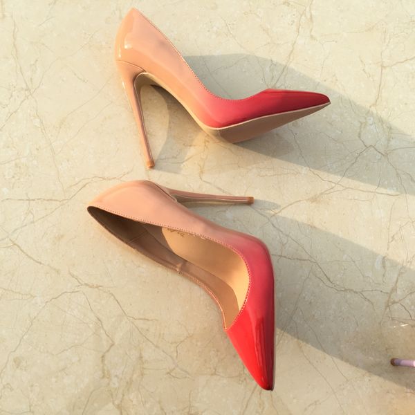 Sapatos de marca feminina vermelho e nude, cônicos e saltos finos, apontou saltos altos, alta moda e sapatos femininos sensuais, feitos sob medida tamanho 33-44