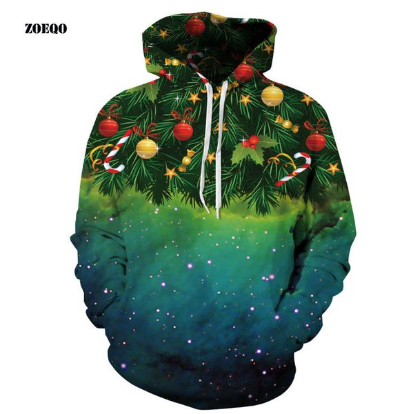 

zoeqo 3d christmas tree print sweatshirts men/women hoodies with hat print nebula autumn winter loose thin hooded hoody, Black