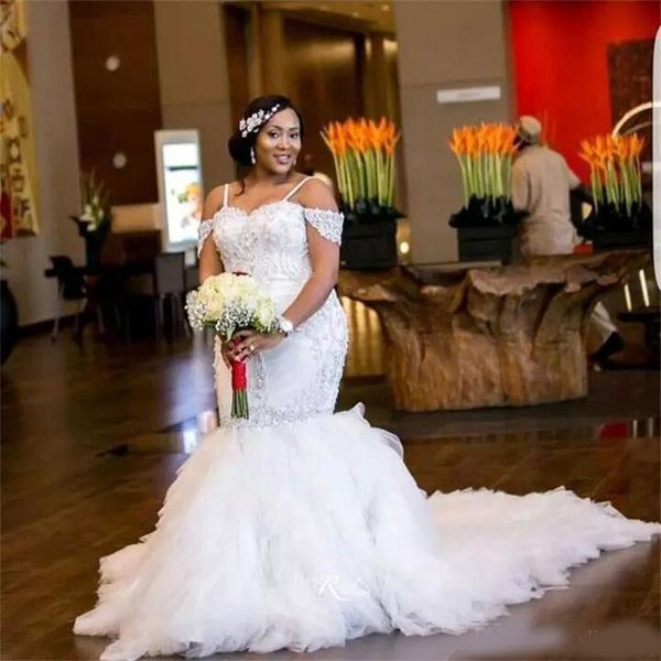 

african plus size wedding dresses spaghetti straps lace appliques beadding capped mermaid wedding dress tiered tulle long bridal gowns, White