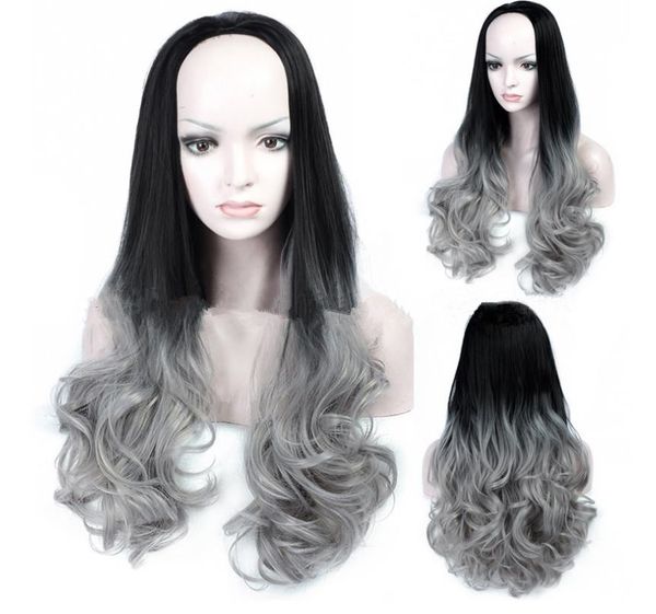 Cheap Black Grey Silver Ombre Kinky Curly Synthetic Lace Front Wig