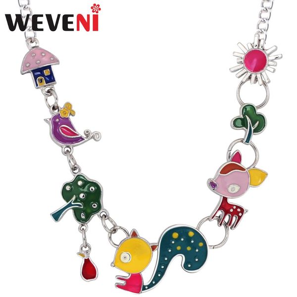

weveni enamel alloy squirrel bird deer necklace pendant choker anime fairy tale jewelry for women girls teens accessories bijoux, Silver