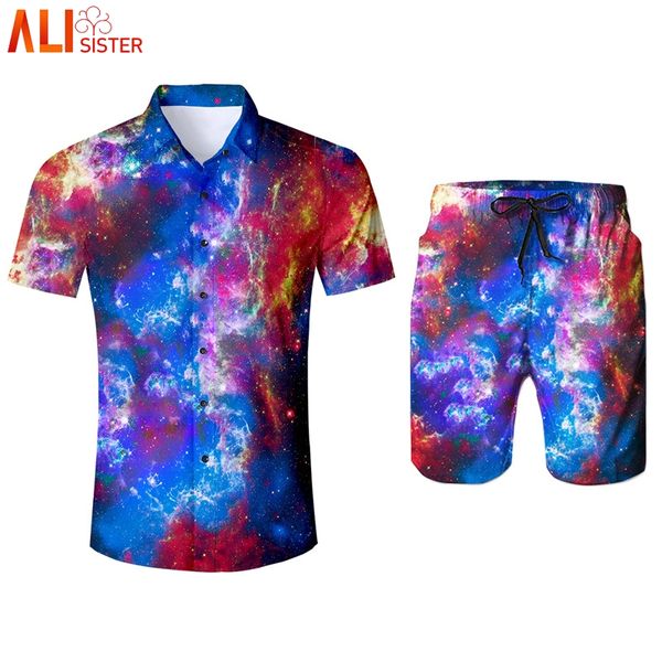 

alisister galaxy space print 2 pieces set men's tracksuit 3d shirts and shorts set summer men shorts suits masculino dropship, Gray
