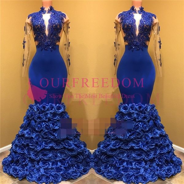 

royal blue rose bottom prom dress 2019 high neck long sleeve lace mermaid prom gown with 3d flora appliques formal evening dresses, Black