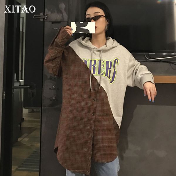 

xitao] 2018 street new korea spring women hooded collar irregular patchwork plaid female full sleeve sweatshirts xww3679, Black