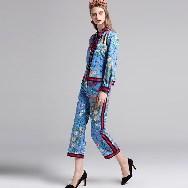 

Cotton Fashion Women Runway Plus Size 4xl 2 Pieces Pants Set Bow Blouse Ankle -Length Trousers Flower Printed Bohemian Tracksuits