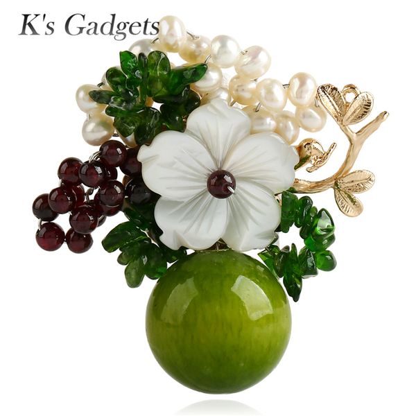 

k's gadgets green/blue with natural stones safety pin brooch shell flowers simulated pearl fashion handmade large brooches women, Gray