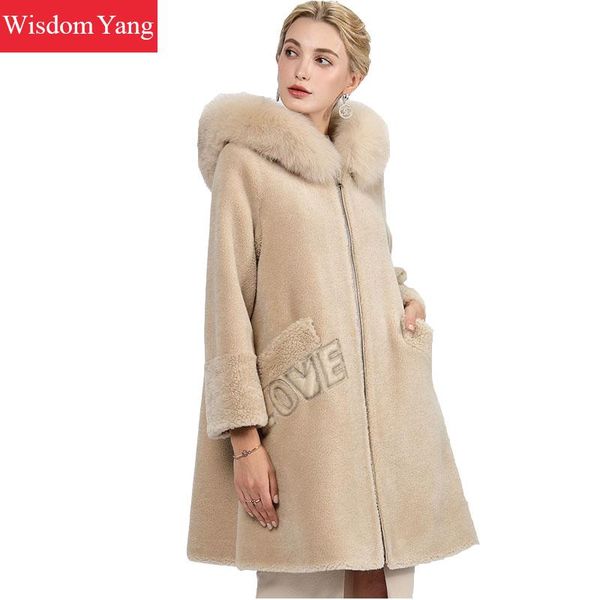 

beige brown sheep wool cashmere coats womens fur hooded winter female long woolen ladies elegant overcoat coat outerwear, Black
