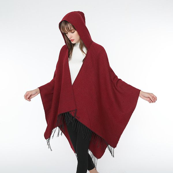 

brand new women's clothing outerwear coats cape hooded tassel cloak cashmere 100%acrylic seven colors drop shipping ing, Black