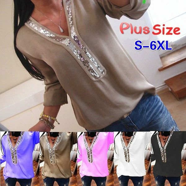 

Blouses Loose Tunic T-shirts Women Autumn and Winter Casual Long Sleeve Tops Sexy Deep V-neck Patchwork Shirts Ladies Fashion Cotton