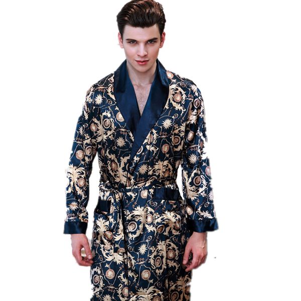 

new summer satin robes male dressing gown men's long sleeve silk print paern bathrobe leisure kimono home men, Black;brown