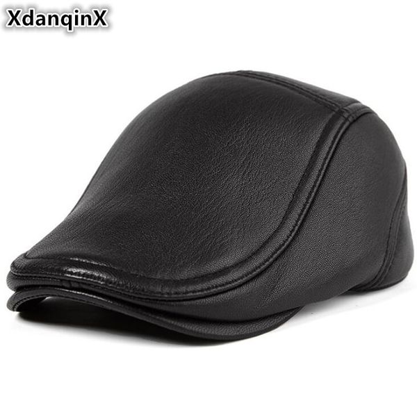 

xdanqinx genuine leather hat men's autumn winter warm beret sheepskin leather caps adjustable size simple brands male cap new, Blue;gray
