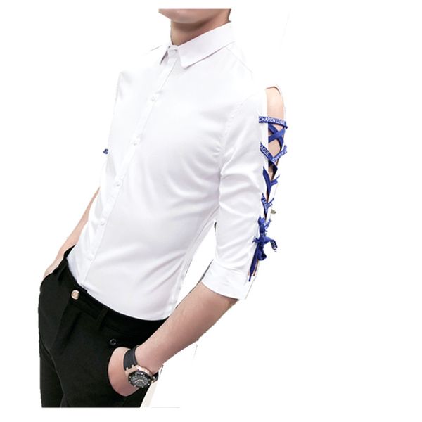 

2018 summer shirt men fashion slim fit ribbon design half sleeve tuxedo men's social shirts turn down collar plus size shirt man, White;black