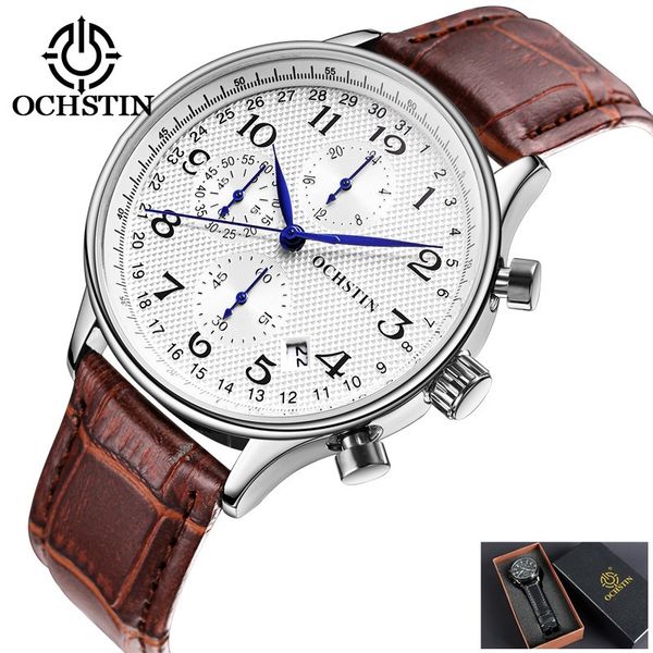 

2017 ochstin men watches leather business quartz chronograph watch men sport watch clock male relogio masculino, Slivery;brown