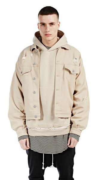 

new kanye high street beige jackets men ripped washed oversize jean jacket coats loose casual coat, Black;brown
