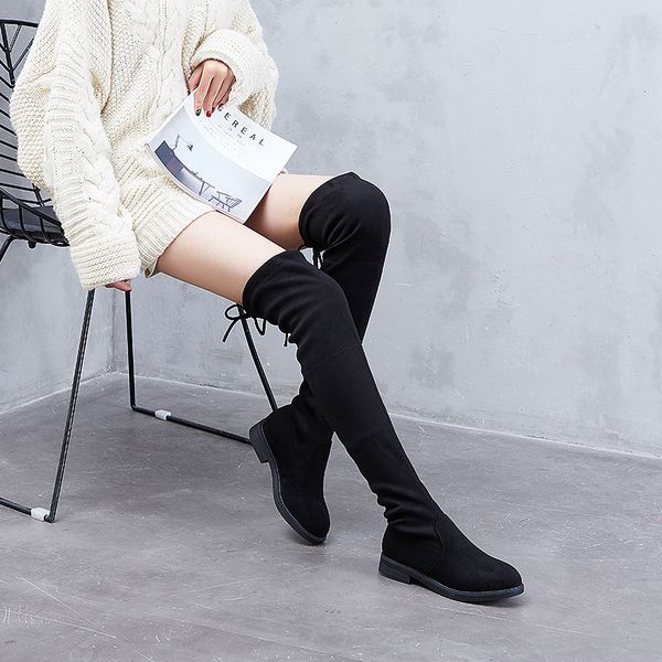 

2018 over the knee boots square med heel women boots ladies lace up stretch fabric fashion black