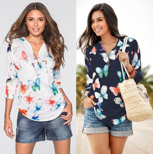 

2018 autumn and winter new v-neck zipper seven-point sleeve printing t-shirt women ing, White