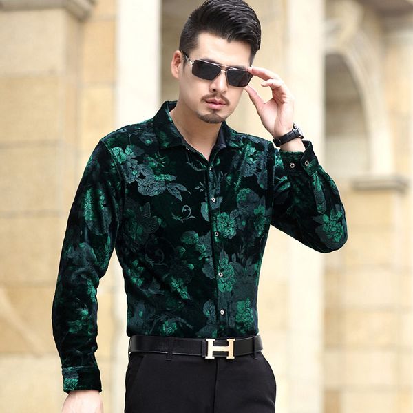 

2017 autumn winter thick warm gold velvet shirt fashion casual long sleeve men thicken floral shirt soft and comfortable, White;black