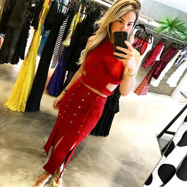 

2018 new fashion women 2 pieces bandage dress summer chic sleeveless black red night out party dresses vestidos wholesales, White;black
