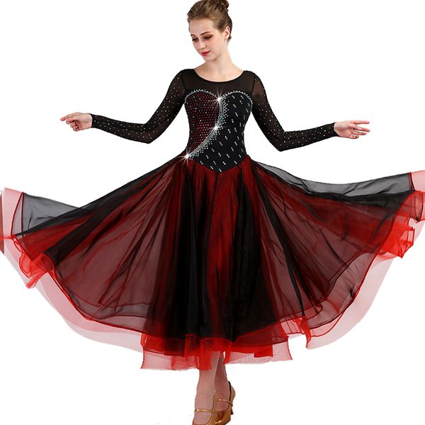 2019 2019 New Custom Dress For Ballroom Dancing Black Red Marine Costumes For Women Short Long Sleeve Jazz Tango Waltz Ballroom Dance Dresses From
