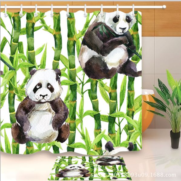 

3d waterproof polyester fabric bath curtain printed lovely pandas shower curtains floor mats sets for bathroom