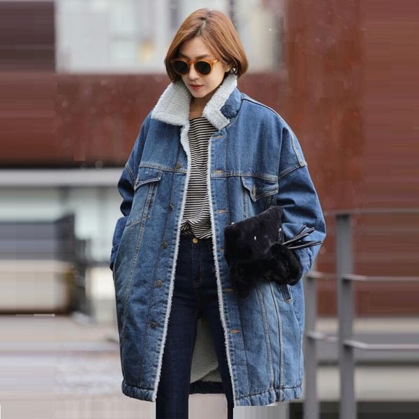

2018 autumn winter oversized lambs wool denim jackets korean loose feelce velvet denim coat thickened long lamb wool coat women, Black;brown
