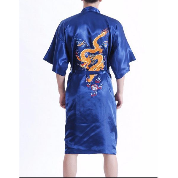 

new arrival navy blue male silk robe chinese classic embroidery nightwear traditional kimono gown size s  l xl xxl xxxl 011017, Black;brown