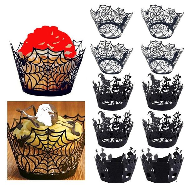 Abóbora de Halloween elenco Padrão Lace Laser Cut Cupcake Invólucro Forro Baking Cup Muffin Para Festa de Aniversário Do Casamento