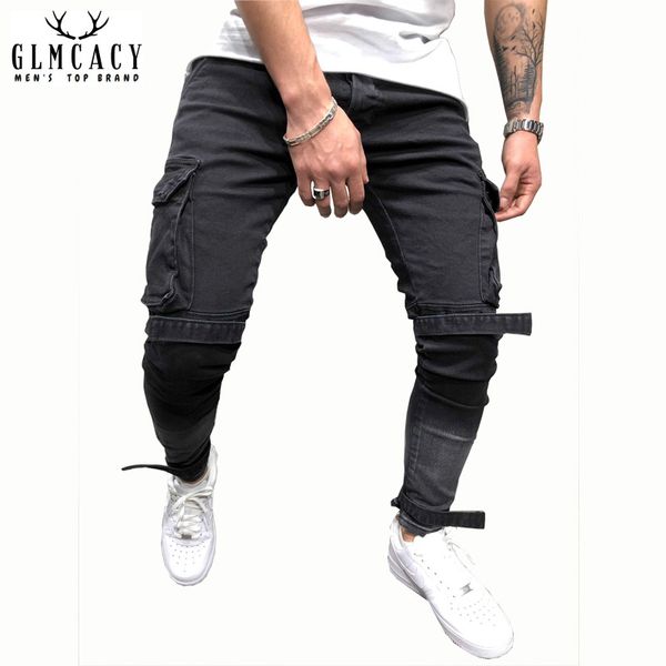

men's distressed jeans streetwear cargo pockets hook and pile tape accessories casual slim fit street fashion, Blue