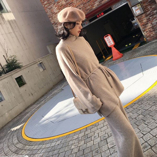 

getsring women sweater set wool cashmere wide leg pants suit 2 piece set women turtleneck bandage suit two piece, Gray