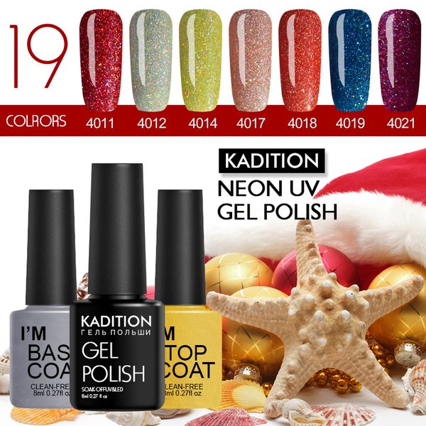 

kadition sequin nail gel lacquer soak off glitter neon pigment 8ml gel nail polish rainbow manicure starry sky neon varnish, Red;pink