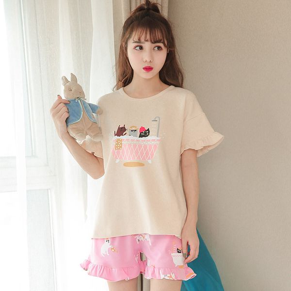 

cartoon summer short sleeve women pajamas casual female pajama set home sleepwear cute pyjamas ladies pijama suits shorts, Blue;gray