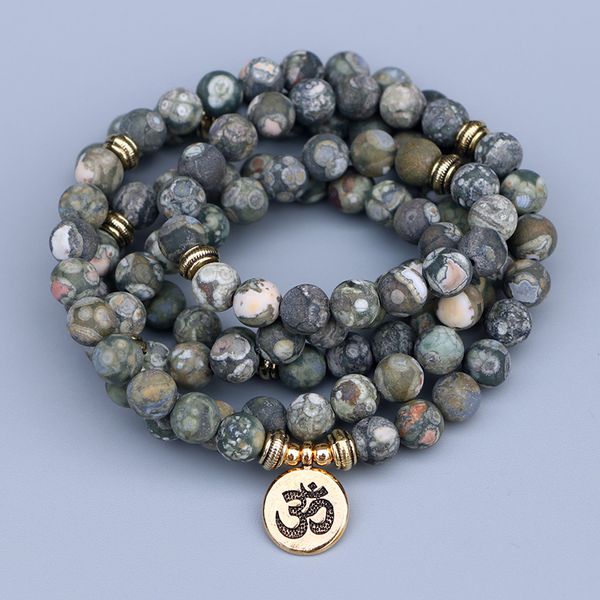 

edothalia fashion naturao old matte sparrow stone 108 beads strand bracelets for women men jewelry with gold color charms, Black